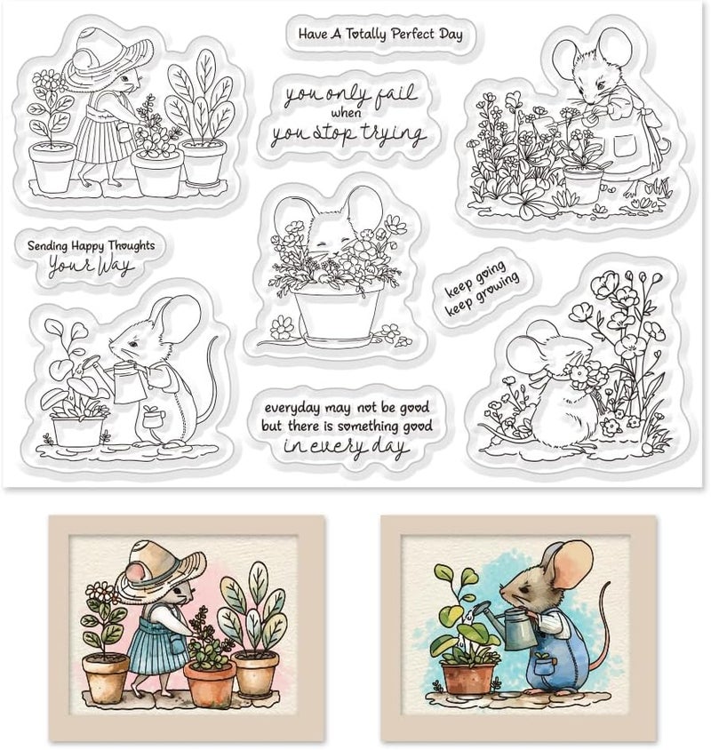 BEUNITONE Cute Mouse Garden Planting Flowers Animal Clear Stamps for Scrapbooking DIY Crafting Paper Crafting Card Making Garden Friends Cut Dies Set Happy - Image 1